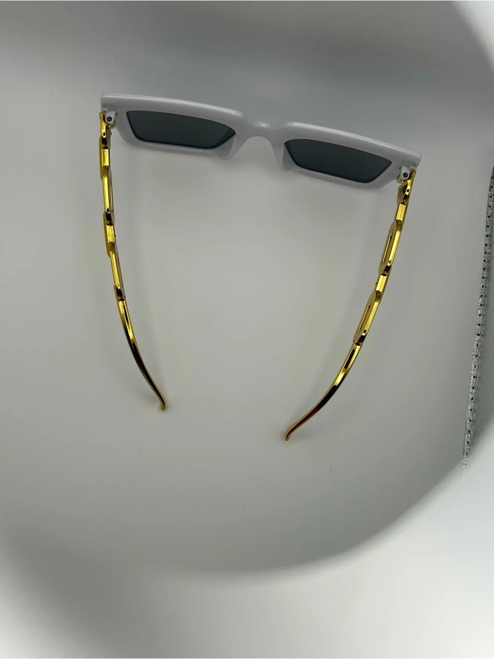 White Frame Sunglasses with Gold Chain Temples